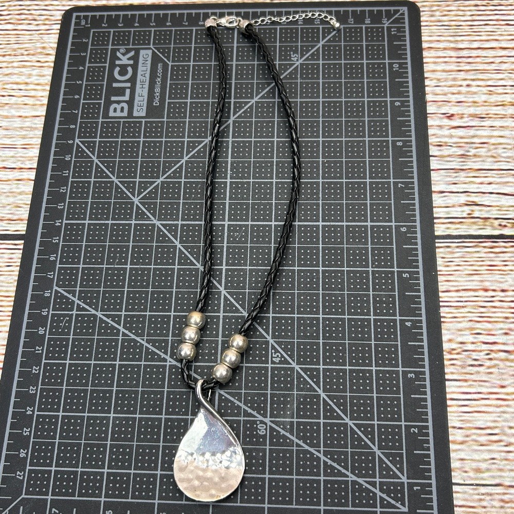 Silver Tone Hammered Teardrop Pendant Necklace Black Braided Cord Boho Style